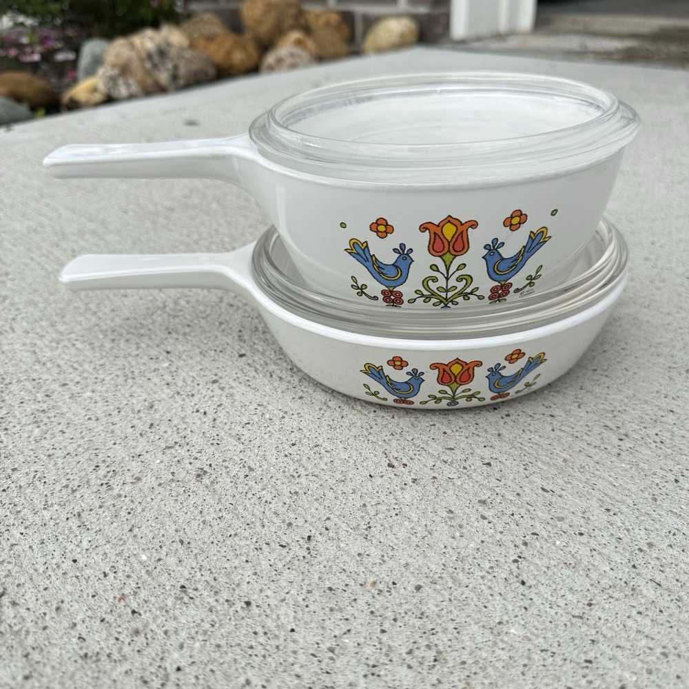 Vintage CorningWare Country Festival Blue Birds 4 Pc Saucepan Skillet Set Lids
